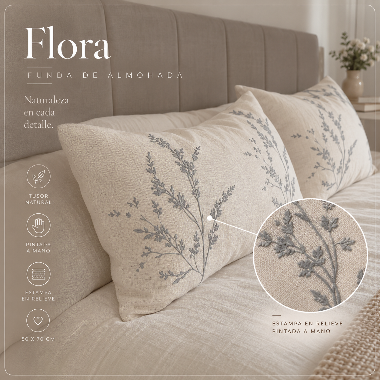 Funda Flora Natural de tusor con estampa gris claro pintada a mano en relieve